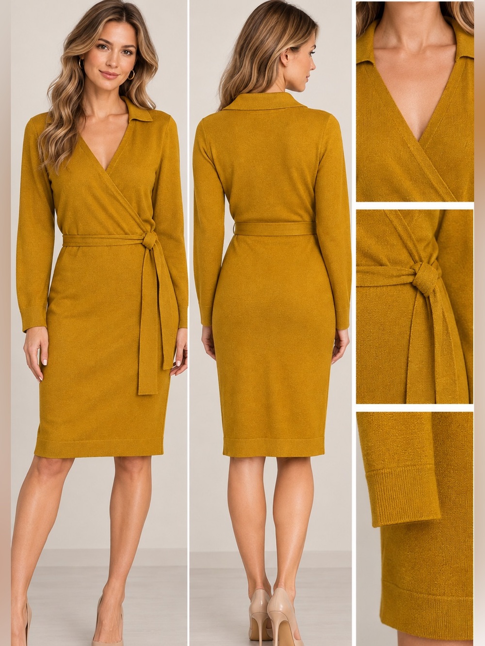 Ann Taylor Petite Mustard Wrap Sweater Dress MP Belted Long Sleeve